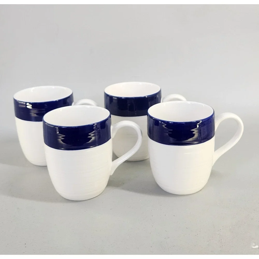 Pottery Barn Coffee Mugs Set of 4 White Navy Blue Ribbed Stoneware E
